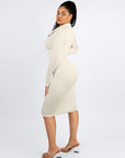 Long Sleeve Ribbed Button Dress - White