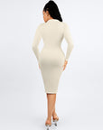 Long Sleeve Ribbed Button Dress - White
