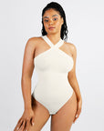 Ribbed Halter Neck Bodysuit - White