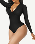 Wholesale V-Neck Long Sleeve Thong Waist Control Bodysuit