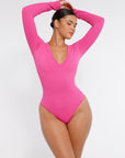Long Sleeve Ribbed V Neck Bodysuit - Pink
