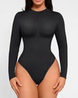 Long Sleeve Zip Up Thong Bodysuit - Black