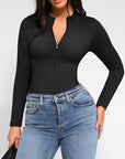 Long Sleeve Zip Up Thong Bodysuit - Black