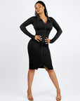 Long Sleeve Ribbed Button Dress - Black