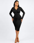 Long Sleeve Ribbed Button Dress - Black