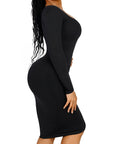 Square Neck Long Sleeve Midi Dress - Black