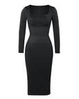 Square Neck Long Sleeve Midi Dress - Black
