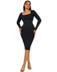 Square Neck Long Sleeve Midi Dress - Black