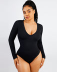 Long Sleeve Ribbed V Neck Bodysuit - Black