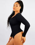 Long Sleeve Ribbed V Neck Bodysuit - Black