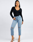 Long Sleeve Ribbed V Neck Bodysuit - Black