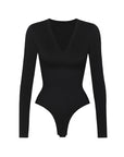 Long Sleeve Ribbed V Neck Bodysuit - Black