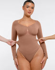 SculptCurve Long Sleeve Thong Bodysuit - Light Brown