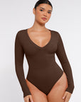 Long Sleeve Ribbed V Neck Bodysuit - Brown