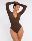 Long Sleeve Ribbed V Neck Bodysuit - Brown