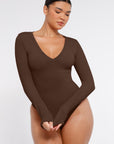 Long Sleeve Ribbed V Neck Bodysuit - Brown