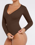 Long Sleeve Ribbed V Neck Bodysuit - Brown