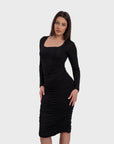 Ruched Long Sleeve Midi Dress - Black