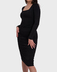 Ruched Long Sleeve Midi Dress - Black