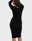 Ruched Long Sleeve Midi Dress - Black