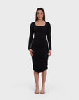 Ruched Long Sleeve Midi Dress - Black
