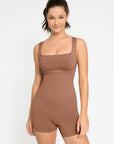 Square Neck Short Sculpting Jumpsuit - Brown