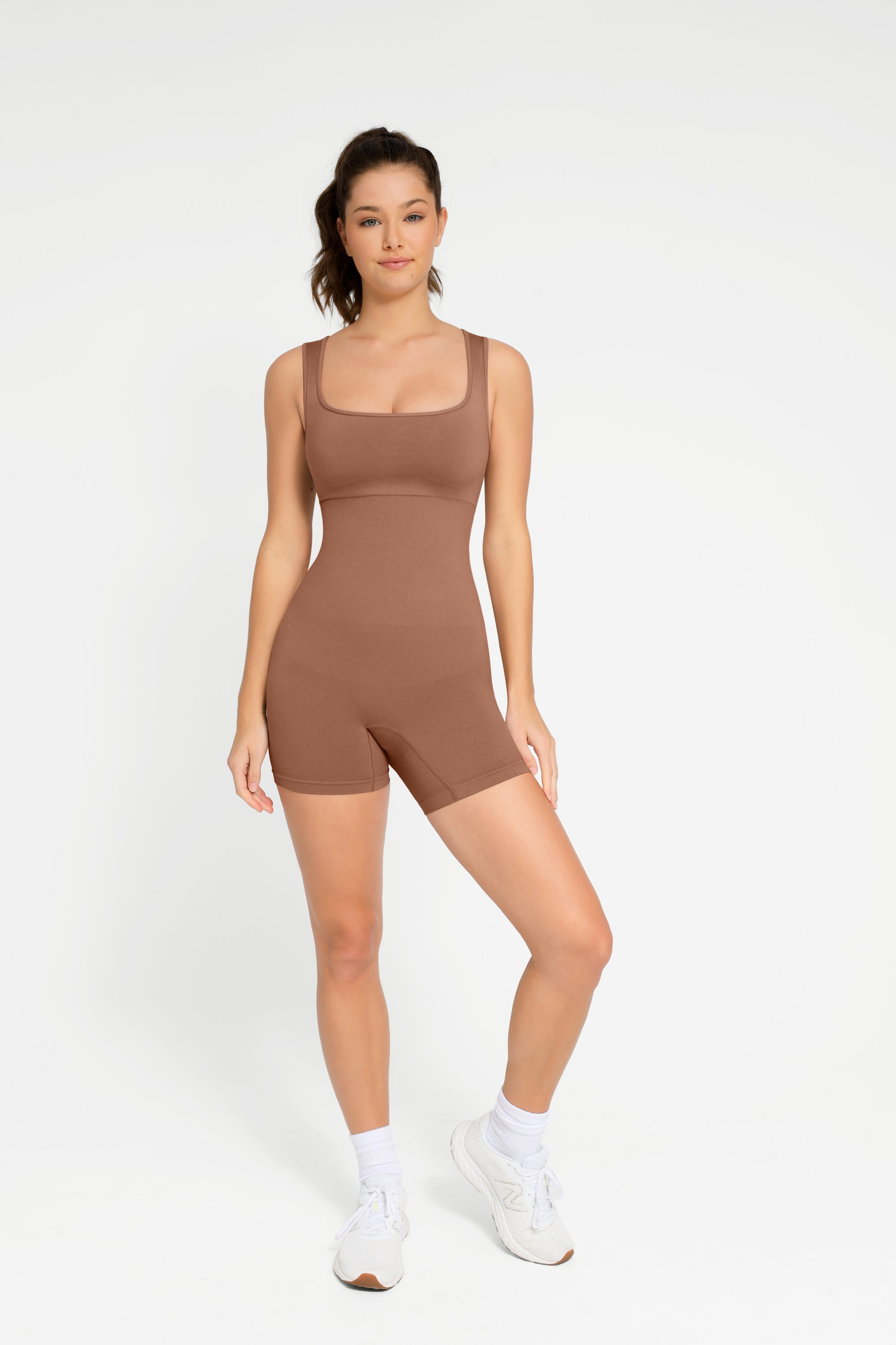 Square Neck Short Sculpting Jumpsuit - Brown