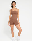 Square Neck Short Sculpting Jumpsuit - Brown
