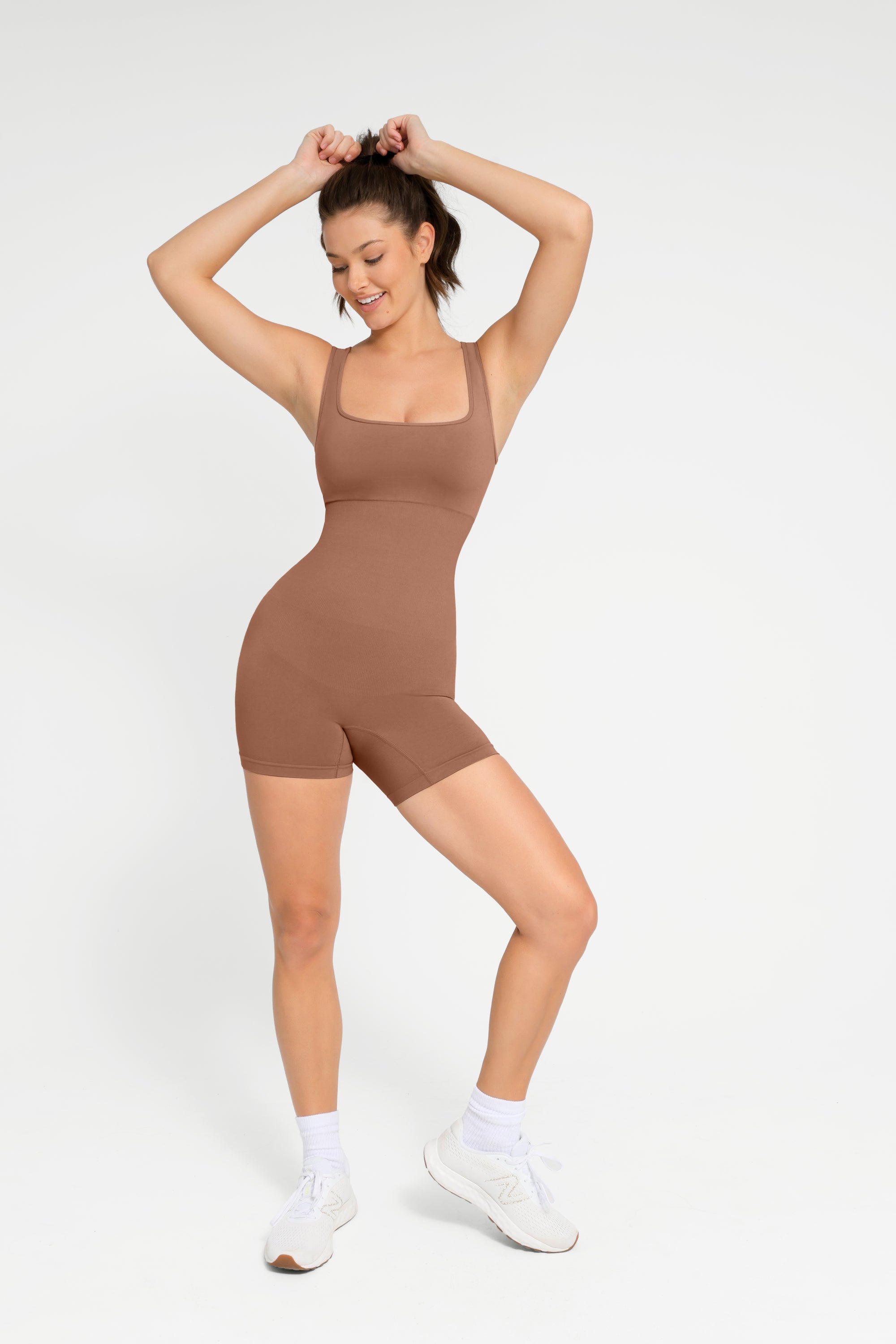 Square Neck Short Sculpting Jumpsuit - Brown