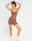 Square Neck Short Sculpting Jumpsuit - Brown