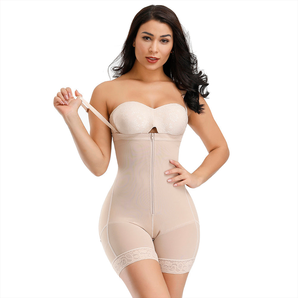 Detachable Straps Zip Up Slimming Body Shaper - Nude