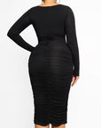 Ruched Long Sleeve Midi Dress - Black