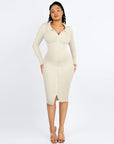 Long Sleeve Ribbed Button Dress - White