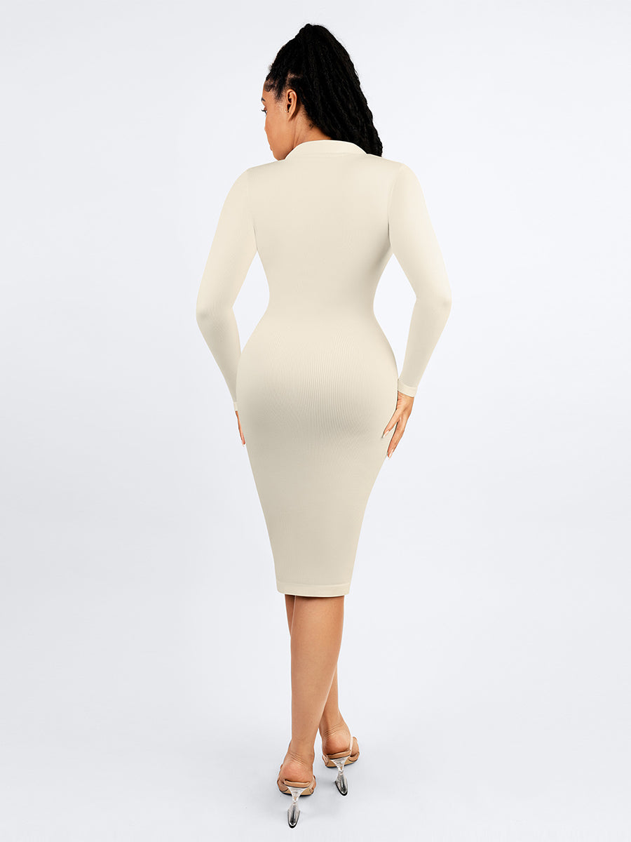 Long Sleeve Ribbed Button Dress - White