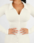 Long Sleeve Ribbed Button Dress - White