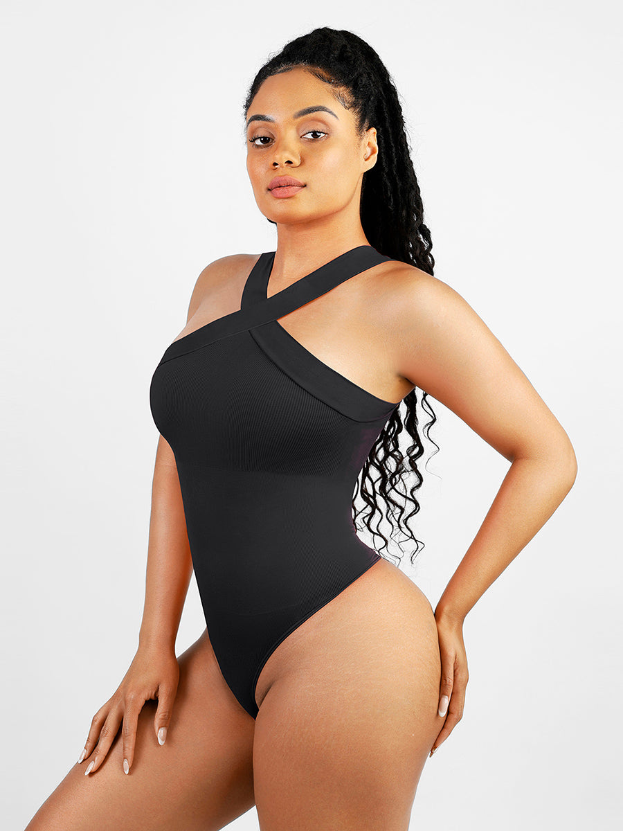 Ribbed Halter Neck Bodysuit - Black