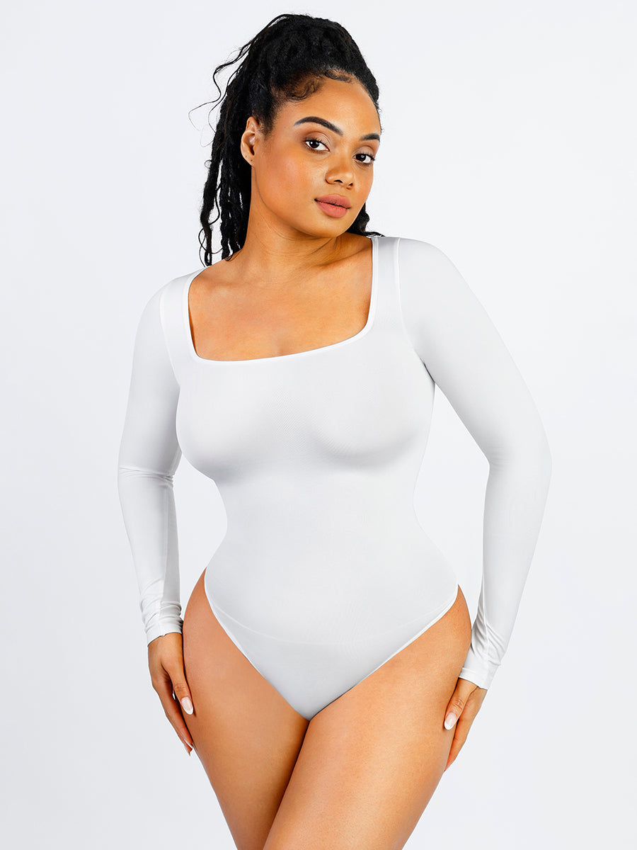 Long Sleeve Square Neck Bodysuit - White – Shop Lily MK