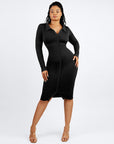 Long Sleeve Ribbed Button Dress - Black