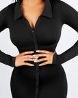 Long Sleeve Ribbed Button Dress - Black