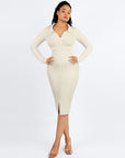 Long Sleeve Ribbed Button Dress - White