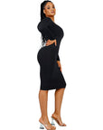Square Neck Long Sleeve Midi Dress - Black