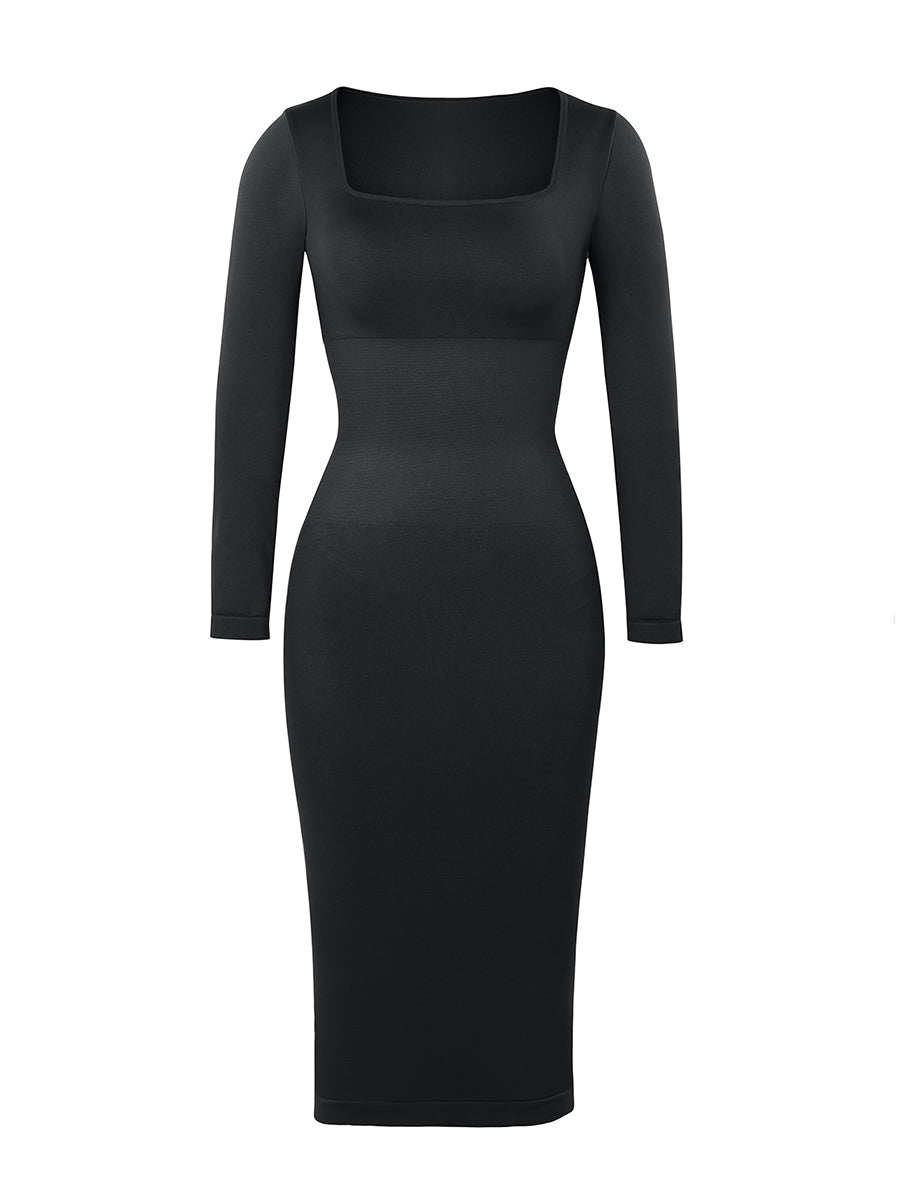Square Neck Long Sleeve Midi Dress - Black