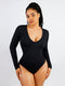 Long Sleeve Ribbed V Neck Bodysuit - Black