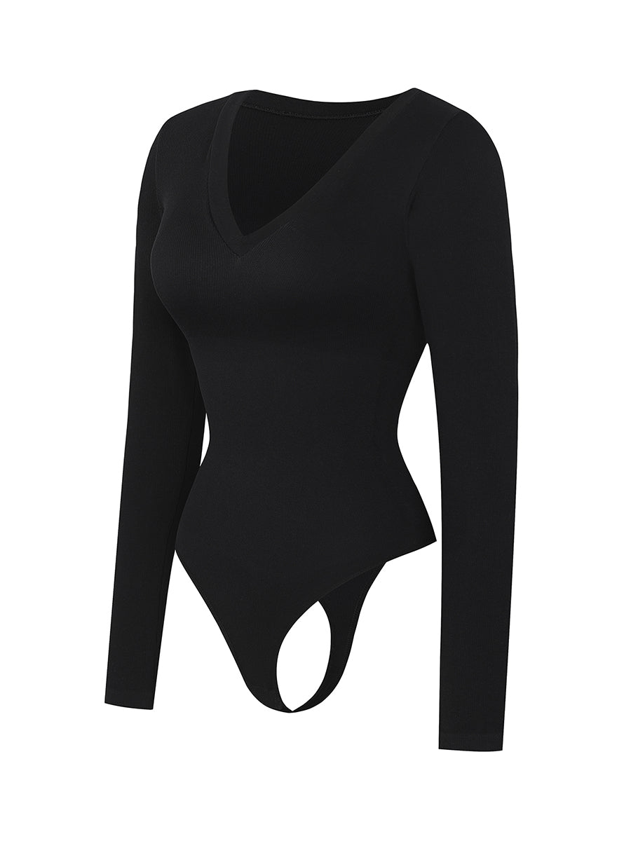 Long Sleeve Ribbed V Neck Bodysuit - Black