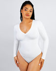 Long Sleeve Ribbed V Neck Bodysuit - White