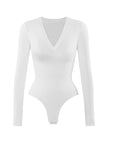 Long Sleeve Ribbed V Neck Bodysuit - White