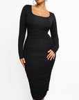 Ruched Long Sleeve Midi Dress - Black