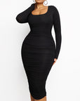 Ruched Long Sleeve Midi Dress - Black