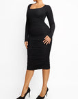 Ruched Long Sleeve Midi Dress - Black