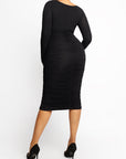 Ruched Long Sleeve Midi Dress - Black